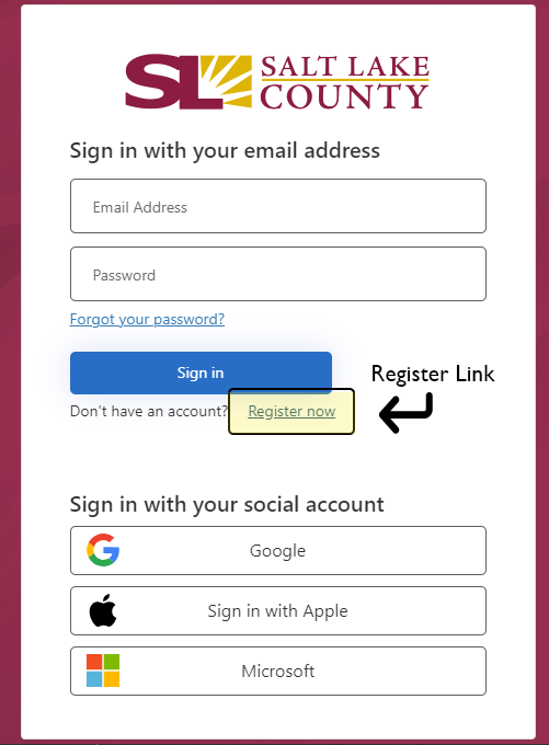 V SALT LAKE COUNTY Sign in with your email address Email Address Password Forgot your password? Sign in Don't have an account. Register Link Register now Sign in with your social account Google Sign in with Apple Microsoft